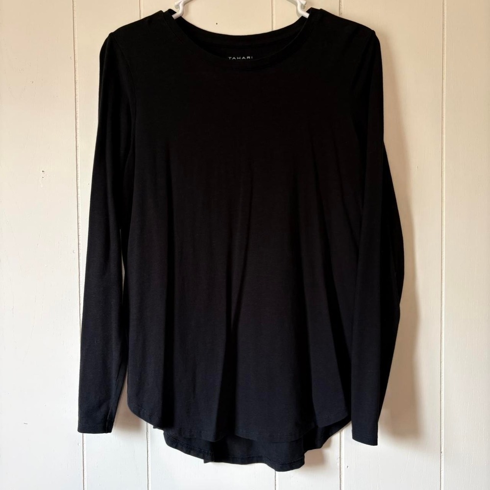 Tahari Black Long Sleeve Crew Neck High Low Hem Top Women's Small